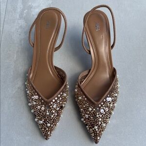 Zara Brown Embellished Pointed Slingback Mules